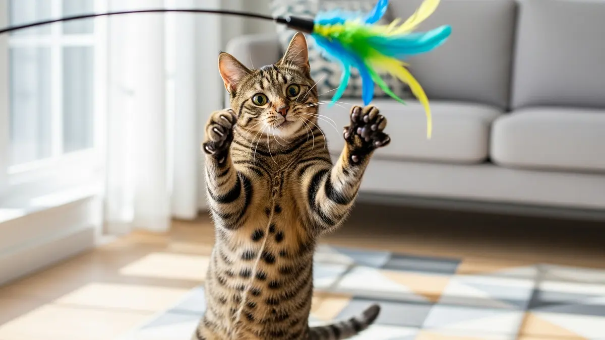 A tabby cat standing on its back legs to swat a feather wand