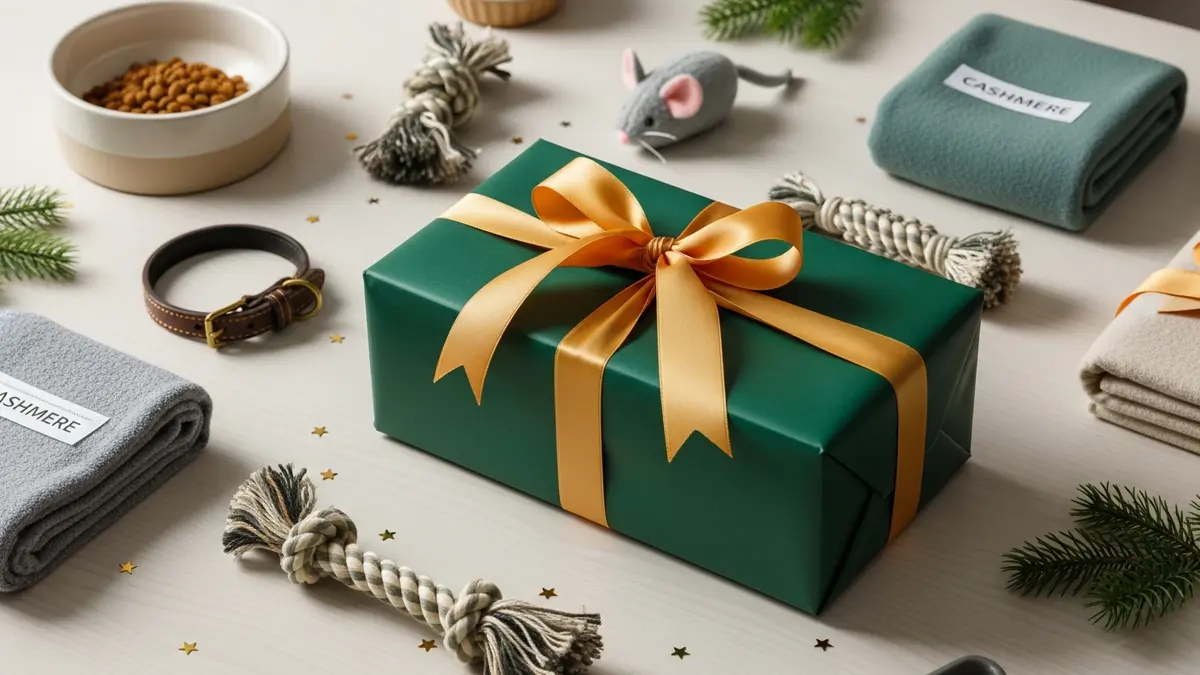 A wrapped green gift box surrounded by rope toys, a collar and folded fleece blankets